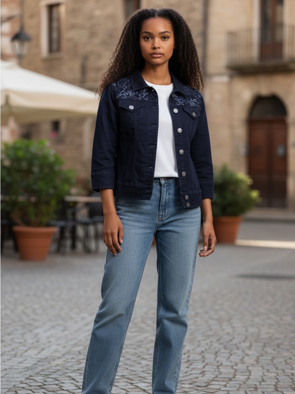 Chico’s Platinum Embroidery Jean Jacket